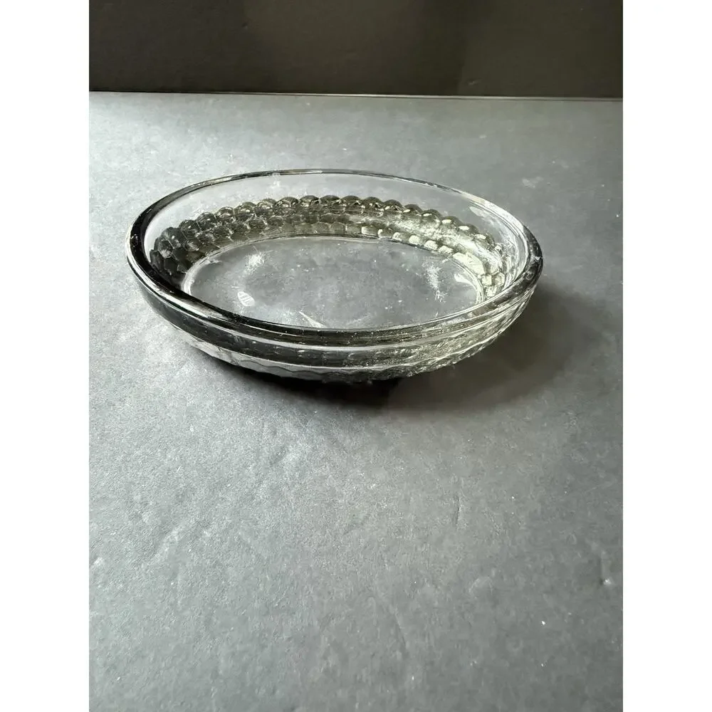 Glass Oval Soap Trinket Dish Silver Foil Trim Clear Minimalist